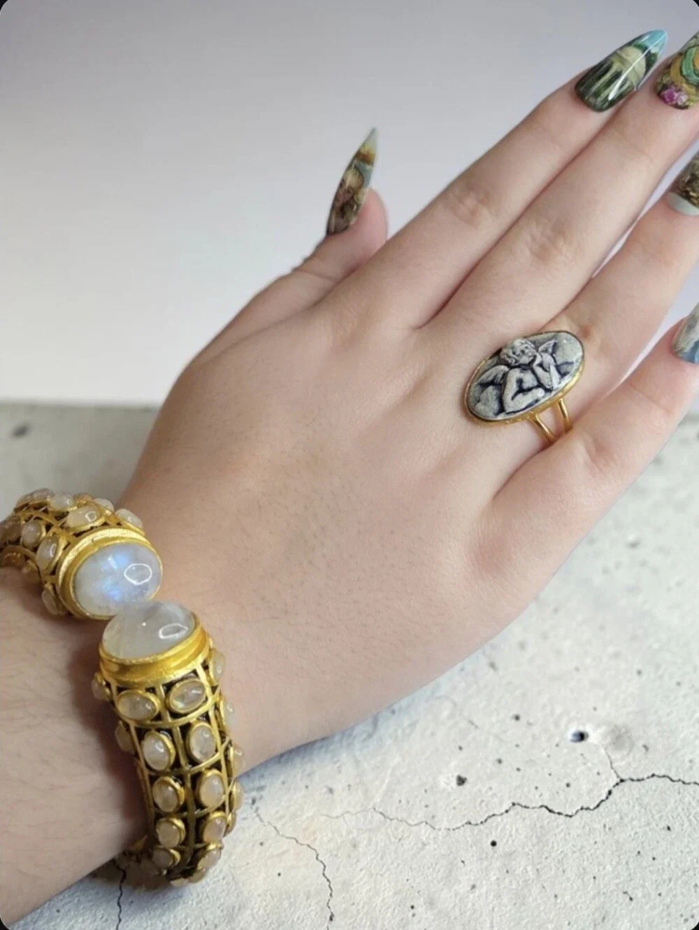 24k Gold Plated Artisan Flash Moonstone Onyx Enamel Oversized Clamper Bracelet